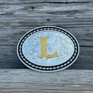 Western Style Matte Black and Silver Oval Shaped Gold Initial L Belt Buckle